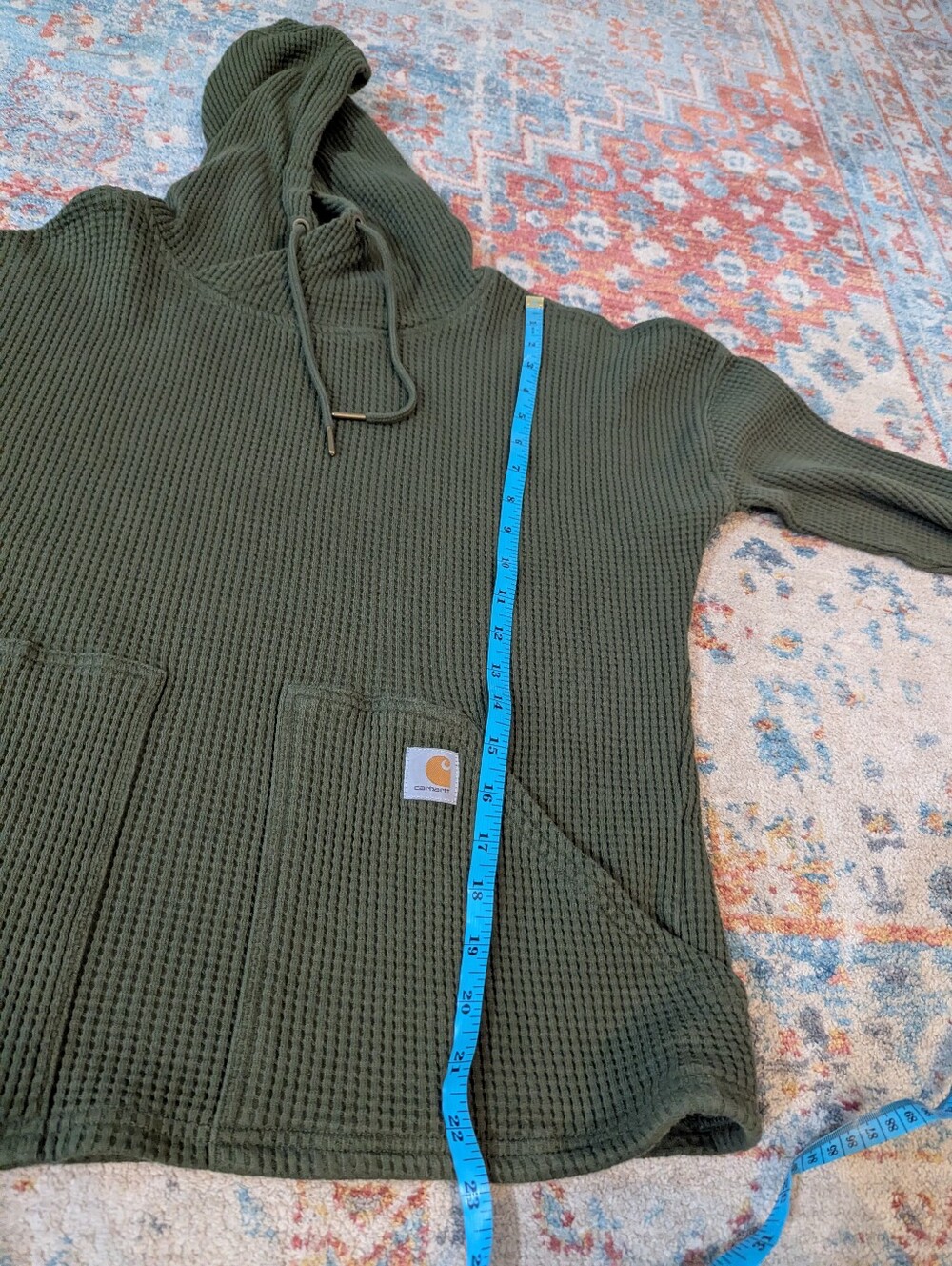 Carhartt Relaxed Fit Waffle Knit Thermal Hoodie Shirt Olive Pockets Wmns Small - Picture 9 of 10